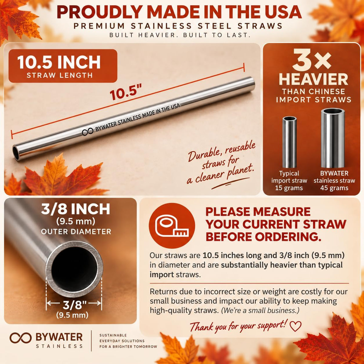 Made in USA Bywater Stainless Steel 10.5 Inch Straw Set of 2 Food Grade Premium Straws. Fits Stanley, Yeti Straw Lid and Many Others With Standard Straws. DOES NOT FIT FLIP STYLE LIDS