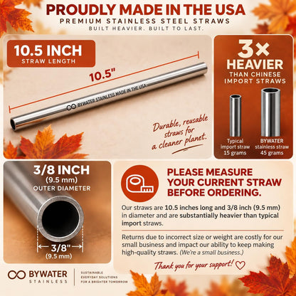 Made in USA Bywater Stainless Steel 10.5 Inch Straw Set of 2 Food Grade Premium Straws. Fits Stanley, Yeti Straw Lid and Many Others With Standard Straws. DOES NOT FIT FLIP STYLE LIDS