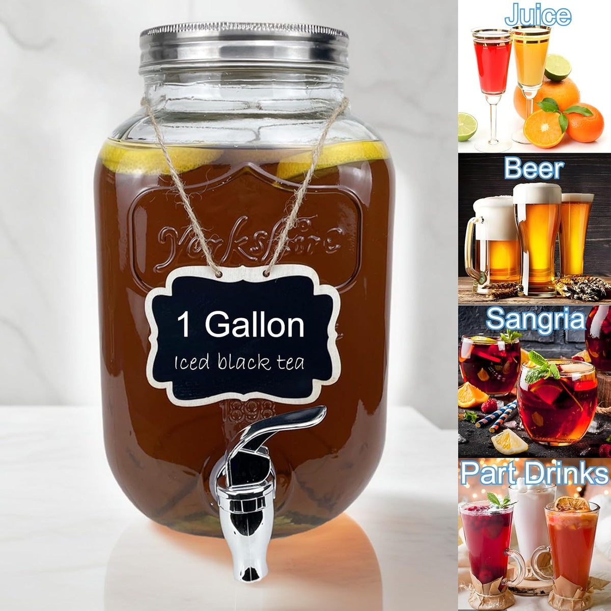 1 Gallon Glass Drink Dispenser for Parties, 2 Packs Juice Lemonade Ice Tea Water Dispenser with Stand, HENABLE Beverage Dispensers with Spigot for BBQ, Picnic, Party