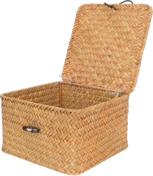 CALLARON Rattan Basket with Lid Natural Woven Seagrass Box Rectangular Napkin Holder Wicker Storage Basket Sundries Cosmetics Makeup Straw Storage Box for Home Office 6.6 x 6.6 x 3.9 inch