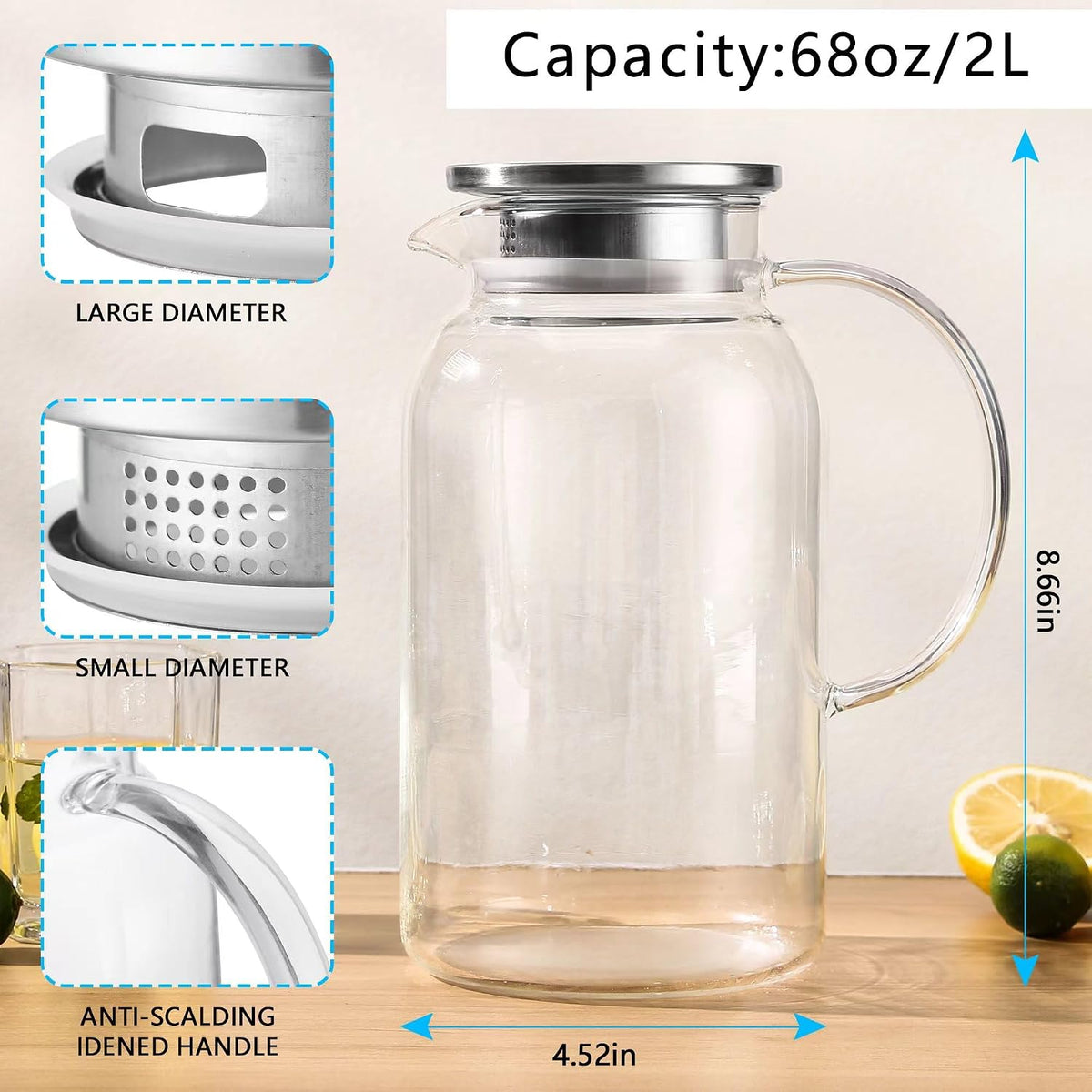 2Pack 68 oz Glass Pitcher With Lid. Glass Carafe for Hot/Cold Water. 0.5 Gallon Pitcher for Fridge. Water Jugs for Cold Brew Coffee, Iced Tea, Milk, Sun Tea Jar