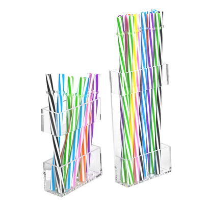 2 PACK Acrylic Straw Holder for Cabinet Doors, Reusable Straw Organizer with Ultra-Sticky Adhesive, Small Kitchen Accessories Container, Fits Both Short & Long Straws (Transparent)