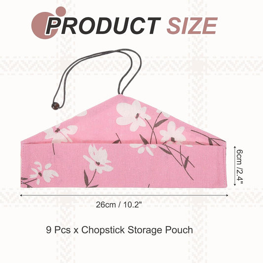 uxcell Chopstick Case, 9 Pcs Chopstick Storage Japanese Style Cutlery Pouch Portable Utensil Travel Case Bag Sleeves Tableware Storage for Spoon Fork Straws, Pink Base White Floral