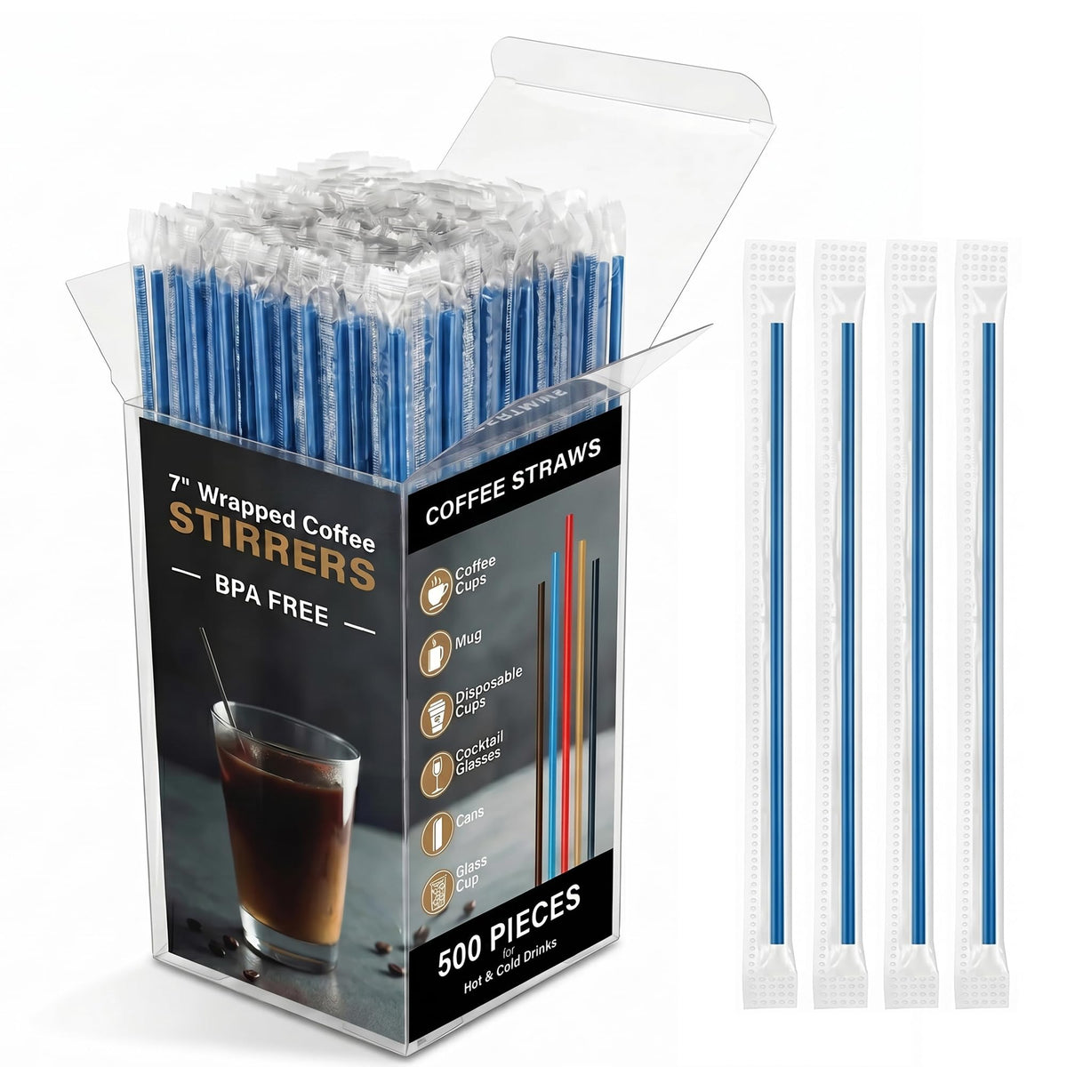 500 Pcs Individually Wrapped Coffee Stirrers, Straws (Gold, 7 in)