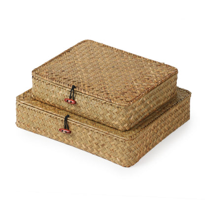 4 Pack, Wicker Baskets with Lids, Natural Seagrass Storage Baskets, Woven Rectangular Basket Bins, Rattan Storage Organizer for Shelf