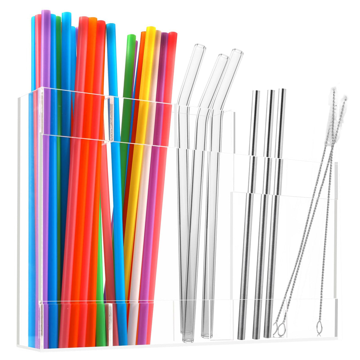 Acrylic Straw Dispenser Organizer - Reusable Metal Straw Holder for Countertop & Cabinet Storage - Ideal for Tumbler Cups, Keep Straws Neat & Accessible, Compatible with Long & Short Straws (Clear)