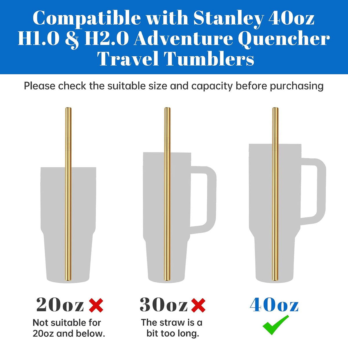 Tomorotec 8PCS Stainless Steel Straws Fit for 40oz Stanley Tumblers, Gold