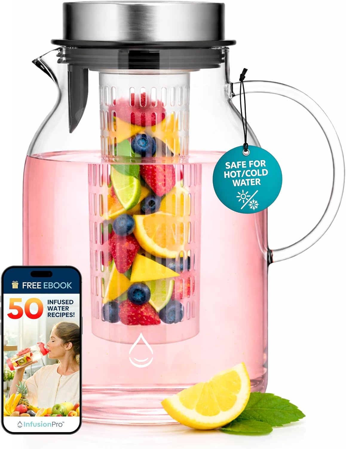 Infusion Pro Glass Fruit Infuser Water Pitcher, 2 Qt