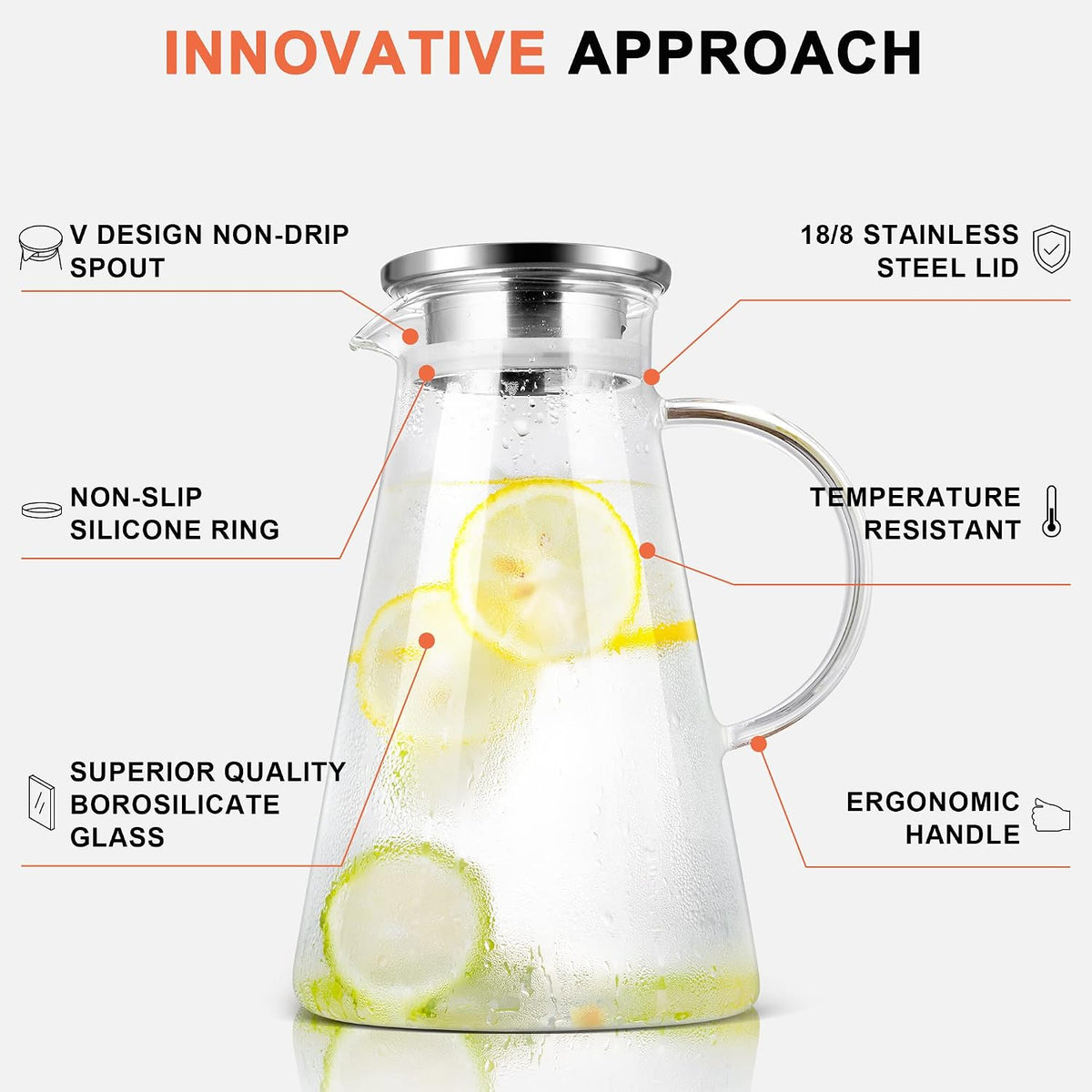 SUSTEAS 2L/68oz Glass Pitcher with Lid and Handle,Carafe for Hot/Cold Water