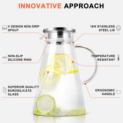 SUSTEAS 2L/68oz Glass Pitcher with Lid and Handle,Carafe for Hot/Cold Water