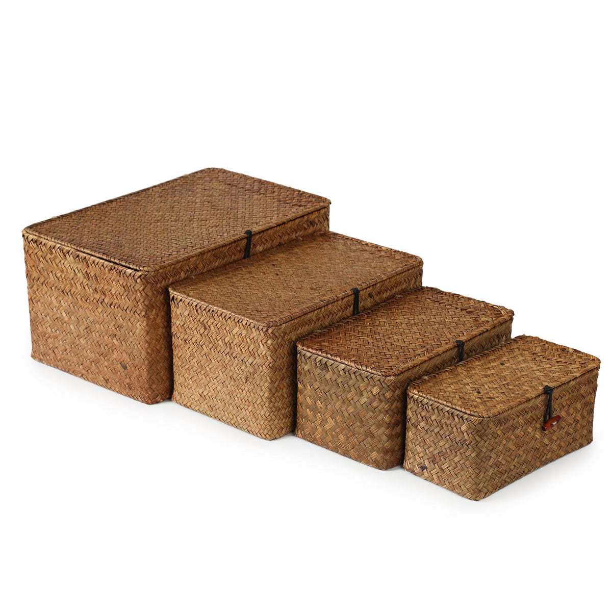 4 Pack, Wicker Baskets with Lids, Natural Seagrass Storage Baskets, Woven Rectangular Basket Bins, Rattan Storage Organizer for Shelf