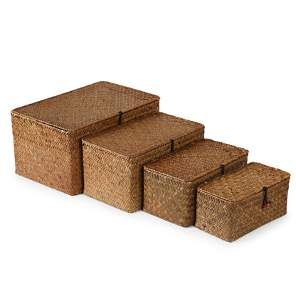 4 Pack, Wicker Baskets with Lids, Natural Seagrass Storage Baskets, Woven Rectangular Basket Bins, Rattan Storage Organizer for Shelf