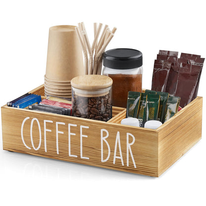 ALELION Coffee Station Organizer - Wood Countertop Accessories Organizer with Removable Dividers for Pods Condiment Syrup Tea Cups Stirrers - for Farmhouse Coffee Bar Decor