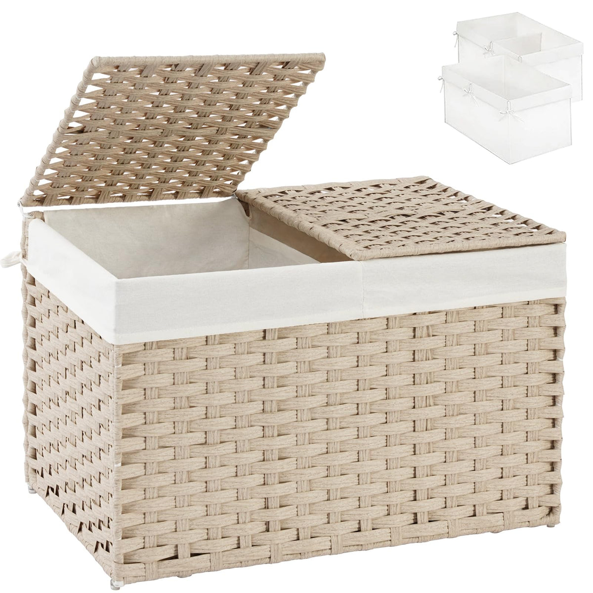 SETVSON Storage Basket with Lid Rattan Woven Storage Baskets with 2 Separate Lids, 17.2 Gallon (65 L), 22 x 13 x 13.8 Inches,Foldable, 2 Removable Liner Bags Handles for Bedroom, Laundry Room Natural