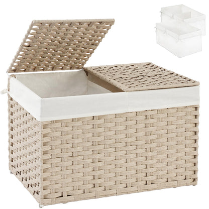 SETVSON Storage Basket with Lid Rattan Woven Storage Baskets with 2 Separate Lids, 17.2 Gallon (65 L), 22 x 13 x 13.8 Inches,Foldable, 2 Removable Liner Bags Handles for Bedroom, Laundry Room Natural