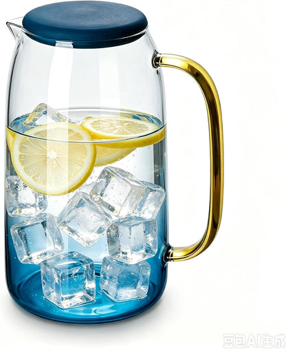 1.5L Borosilicate Glass Water Pitcher, Food-Grade PP Lid, Shatterproof Leak-Proof, Wide Mouth, Nordic Gradient Blue, Fridge Safe