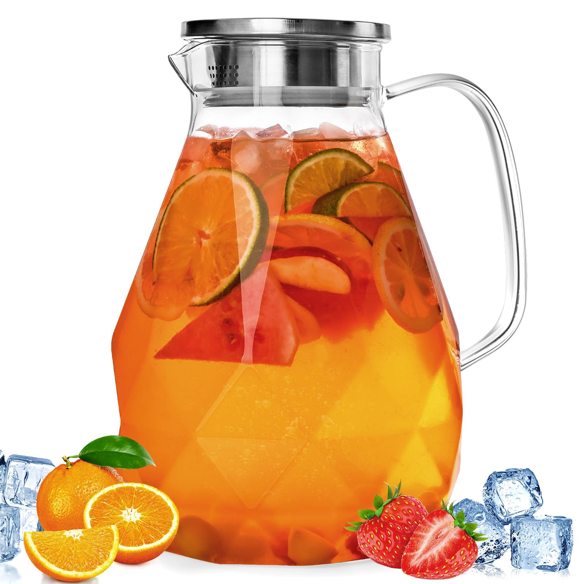 1 Gallon Glass Pitcher with Lid and Handle, Hot & Cold Water Jug, Extra-Wide Mouth Beverage Carafe for Juice, Iced Tea & Drinks