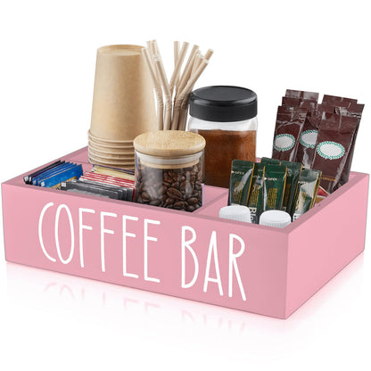 ALELION Coffee Station Organizer - Wood Countertop Accessories Organizer with Removable Dividers for Pods Condiment Syrup Tea Cups Stirrers - for Farmhouse Coffee Bar Decor