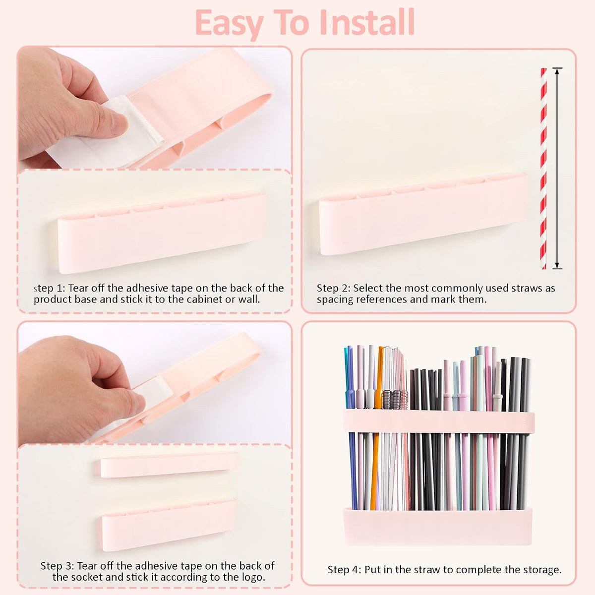 Strong Adhesive Backing Straw Storage Box, Split Type Silicone Straws Dispenser Adjustable Height Straw Holder for Cabinet (Pink)