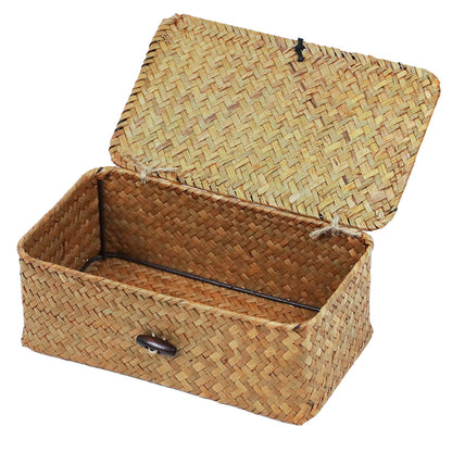Set of 2 Wicker Basket with Lid, Seagrass Woven Basket for Storage