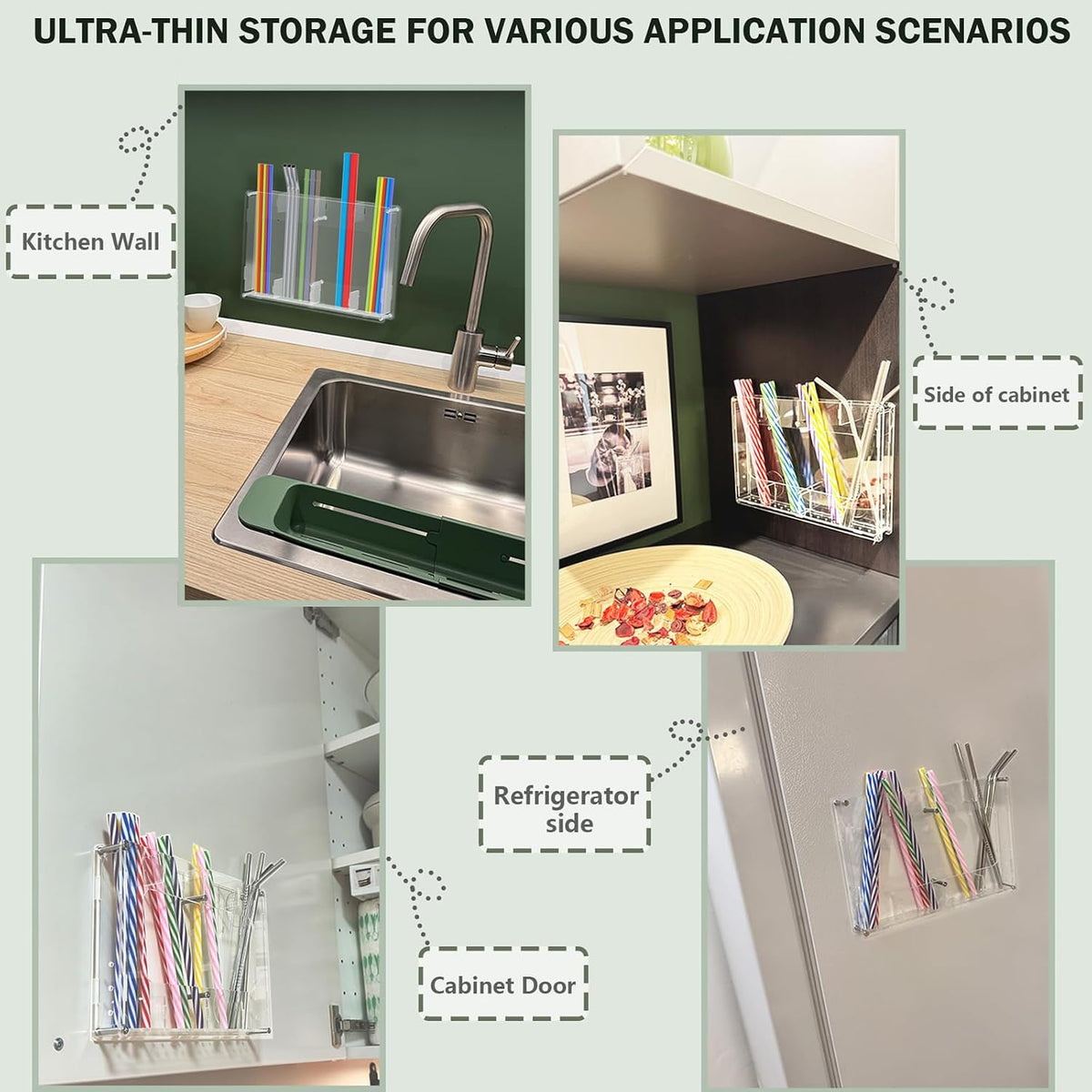 Straw Holder for Cabinet Door & Wall – Acrylic Straw Organizer Storage Box for Reusable Straws, Coffee Sticks, Space Saving Kitchen Organizer