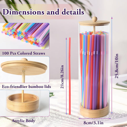 TPQKA Acrylic Straw Holder Dispenser with Bamboo Lid, 100 Straws, 10 Inch