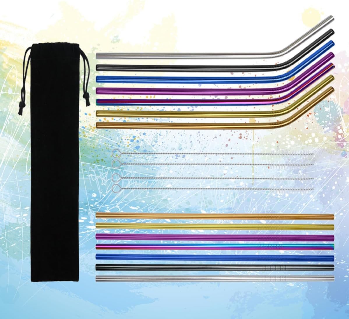 19pcs Reusable Drinking Straw Set with Brush and Bag Stainless Steel