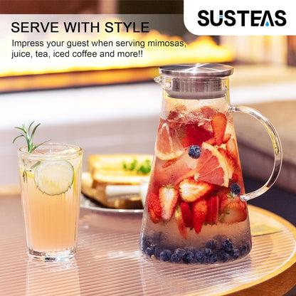 SUSTEAS 2L/68oz Glass Pitcher with Lid and Handle,Carafe for Hot/Cold Water