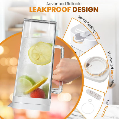 SlimFit 2Quart (2 Liter) pitcher with lid, Water jug for fridge door, White