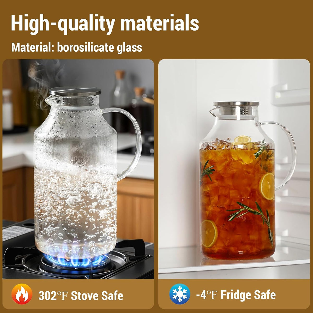 1 Gallon thickened Glass Pitcher with Lid and Spout, Borosilicate Glass Carafe for Hot/Cold Drink, Water Pitchers for Fridge, Extra Large Jug with Handle for Iced Tea, Coffee,Juice,Homemade Beverage