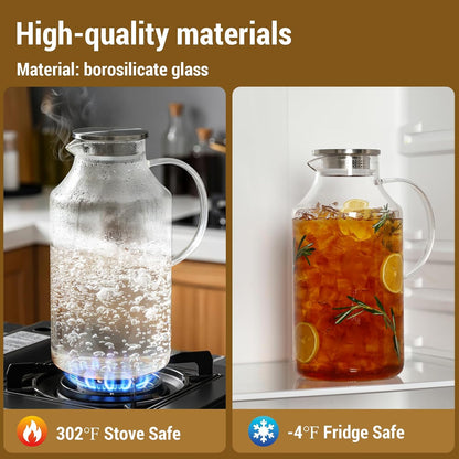 1 Gallon thickened Glass Pitcher with Lid and Spout, Borosilicate Glass Carafe for Hot/Cold Drink, Water Pitchers for Fridge, Extra Large Jug with Handle for Iced Tea, Coffee,Juice,Homemade Beverage