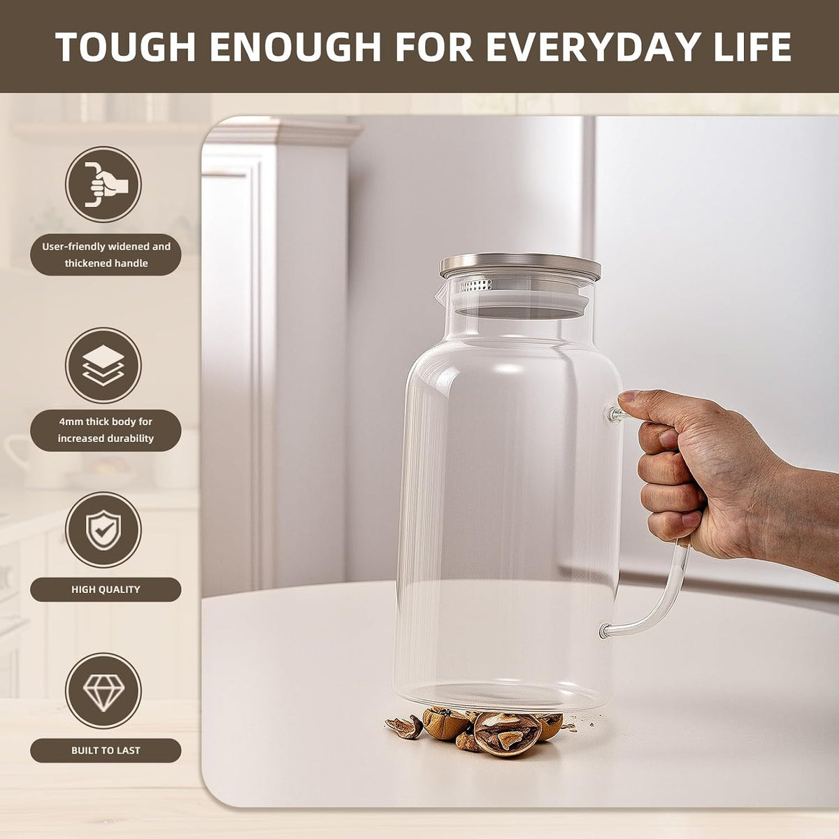 1 Gallon/3.8L Glass Pitcher with Lid and Spout, Borosilicate Glass