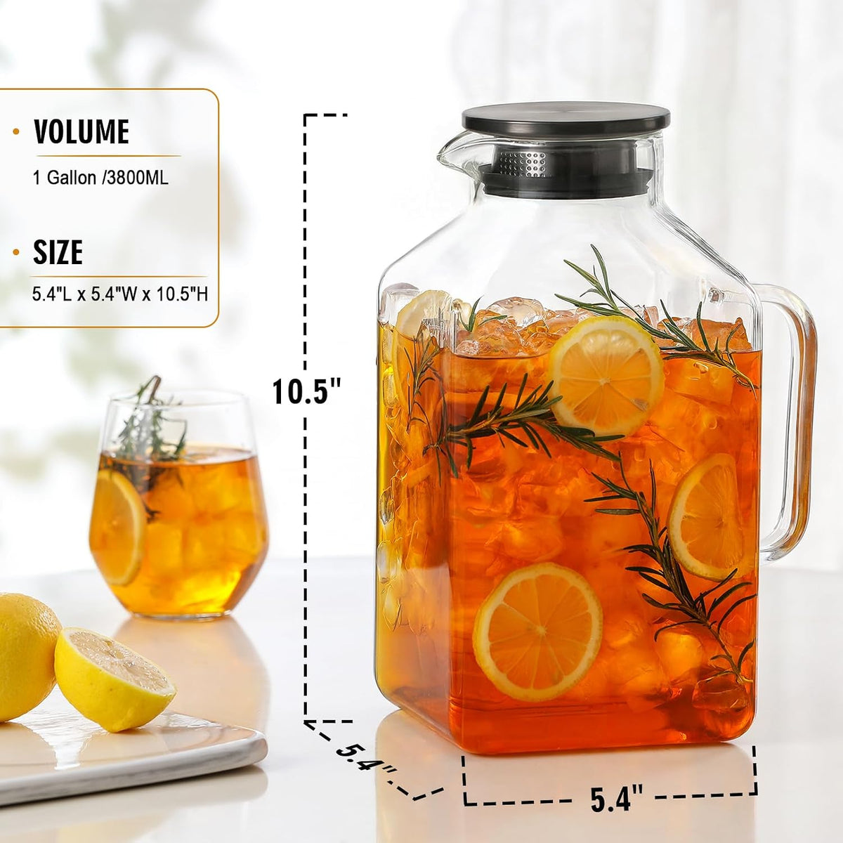 1 Gallon Square Glass Pitcher with Lid and Spout, Borosilicate Glass Carafe for Hot/Cold Drink, Water Pitchers with Handle for Fridge, Extra Large Jug for Iced Tea, Coffee, Juice, Beverage, Black