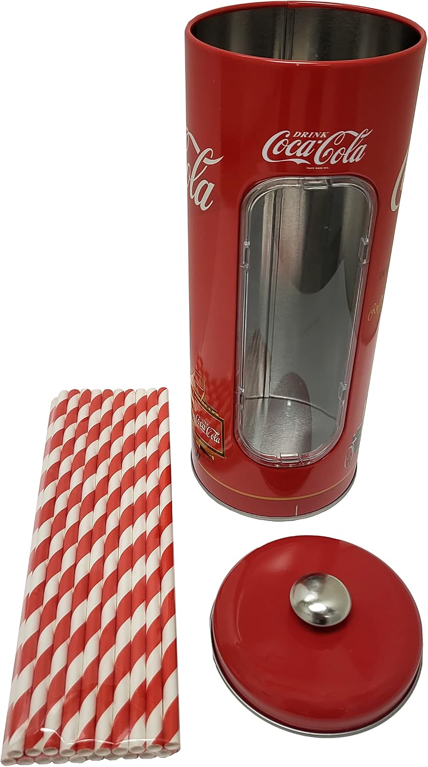 The Tin Box Company Coke Straw Holder Tin with 20 Paper Straws Inside, 3-3/8 x 8-1/4"H, Red and White (771517-12) - Good for 8" Straws or less