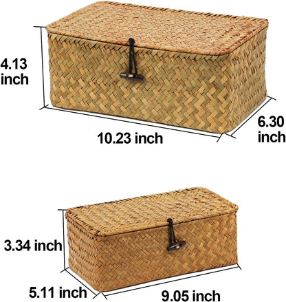 Set of 2 Wicker Basket with Lid, Seagrass Woven Basket for Storage