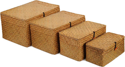 4 Pack, Wicker Baskets with Lids, Natural Seagrass Storage Baskets, Woven Rectangular Basket Bins, Rattan Storage Organizer for Shelf