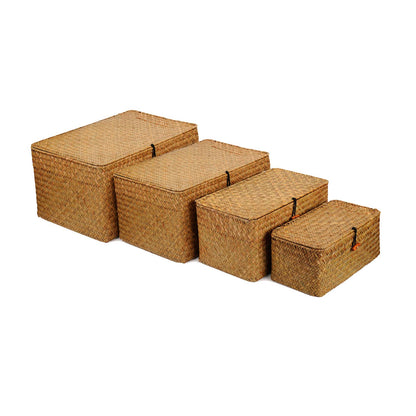 4 Pack, Wicker Baskets with Lids, Natural Seagrass Storage Baskets, Woven Rectangular Basket Bins, Rattan Storage Organizer for Shelf