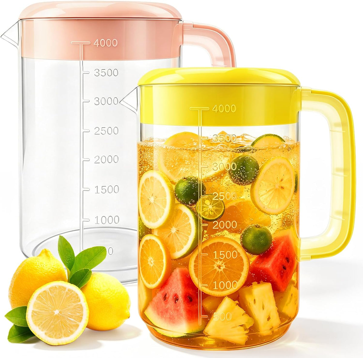 Nexboraque 2 Pack 1 Gallon Plastic Straining Pitcher with Lid - Large Water Pitcher with Handle and Measurements for Cold Drinks and Iced Tea - Pink, Yellow