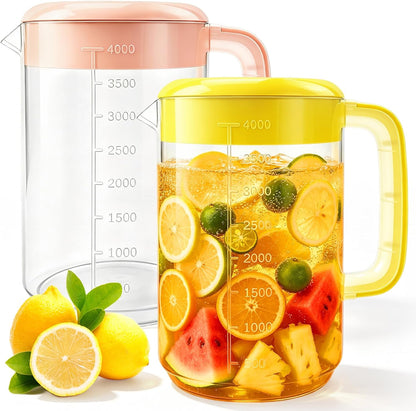 Nexboraque 2 Pack 1 Gallon Plastic Straining Pitcher with Lid - Large Water Pitcher with Handle and Measurements for Cold Drinks and Iced Tea - Pink, Yellow