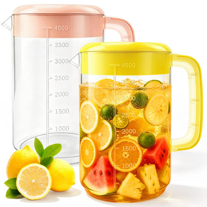 Nexboraque 2 Pack 1 Gallon Plastic Straining Pitcher with Lid - Large Water Pitcher with Handle and Measurements for Cold Drinks and Iced Tea - Pink, Yellow