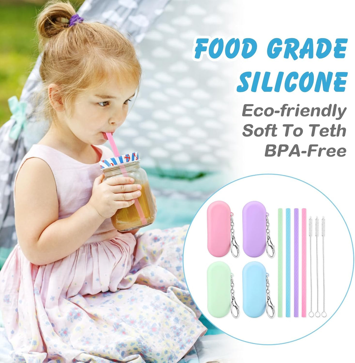 Cobee 4 Set Reusable Silicone Straws Kit, Foldable Portable Straws Silicone