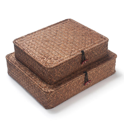 Seagrass Storage Basket Box with Lid, Natural, Set of 2