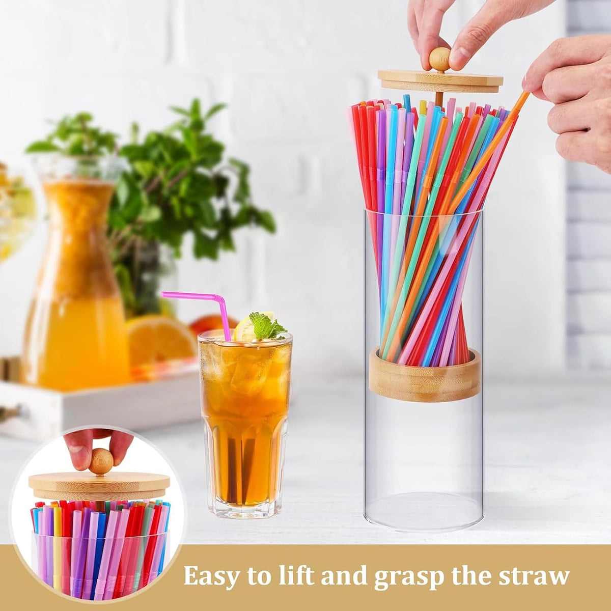Straw Dispenser, Straw Dispenser With Bamboo Lid, Clear Acrylic Holder, Versatile Storage Container For Straws, Utensils, Makeup Brushes (25x8cm)..