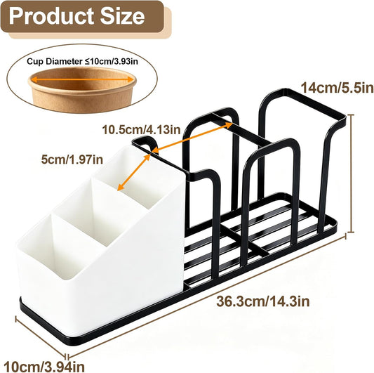 Coffee Cup and Lid Holder Organizer 18oz,5-Compartment with storage box for coffee pods, straws and Packets,Ideal for kitchen, Countertop coffee station bar & office,Black and White