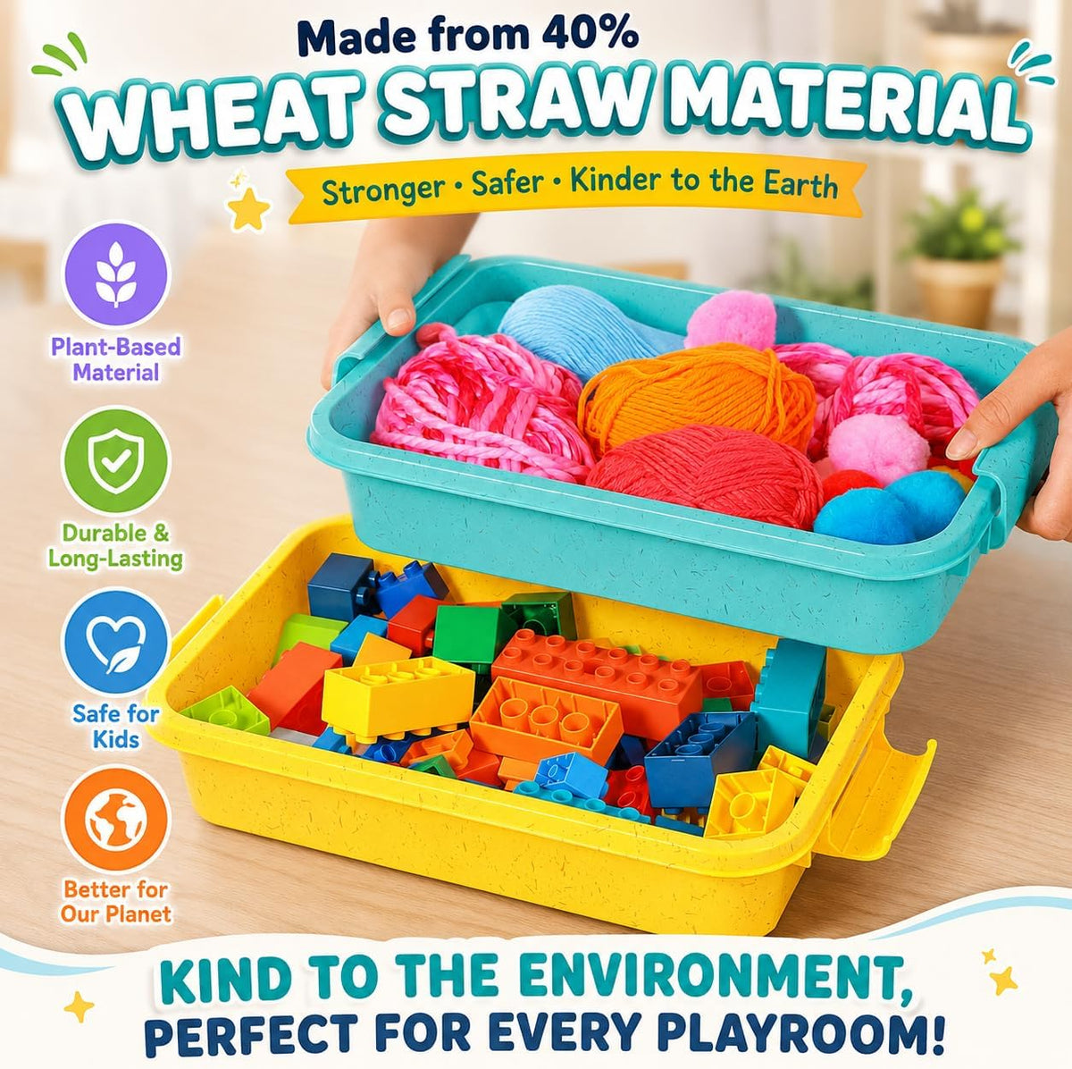 Carolart 3 Pack 12.8 Inch Wheat straw Plastic Storage Bins, Stackable