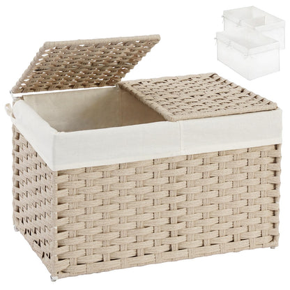 SETVSON Storage Basket with Lid Rattan Woven Storage Baskets with 2 Separate Lids, 17.2 Gallon (65 L), 22 x 13 x 13.8 Inches,Foldable, 2 Removable Liner Bags Handles for Bedroom, Laundry Room Natural