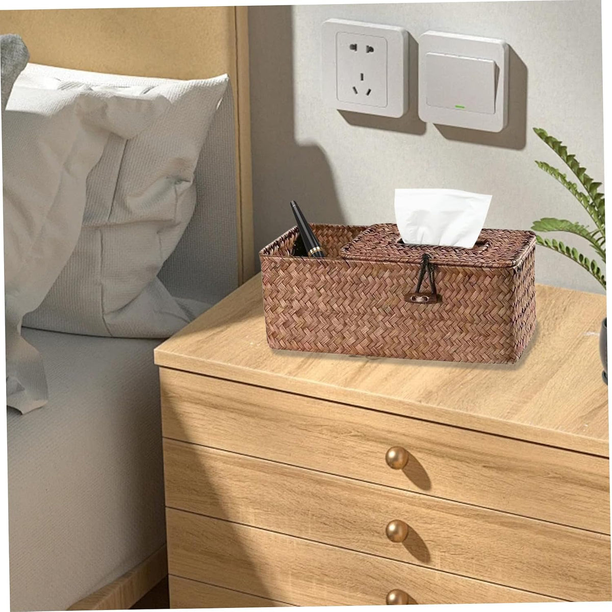 Tissue Box Covers Square Tissue Box Holder, Straw Woven Tissue Box Covers, Rustic Tissue Box with Side Storage Holder, Decorative Facial Tissue Holder for House Office Car Hotel, 24x12x9 Cm