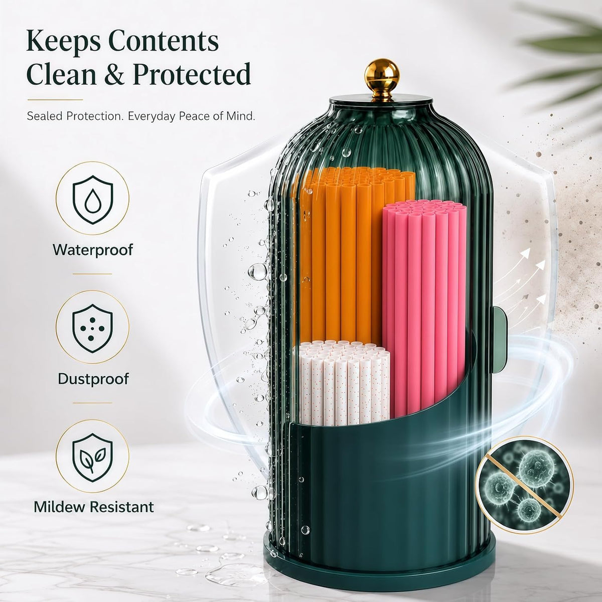 Straw Holder with Lid, Straw Organizer and Straw Dispenser, 360° Rotating Clear Straw Storage Container for Counter, Dustproof Plastic Straw Container for Home Kitchen Bar (green)