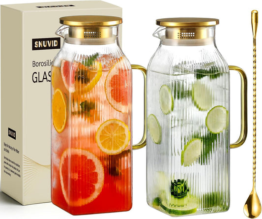 2 Pack 2.2 Liter/75 oz Square Classic Stripes Glass Pitcher with Lid, Gold