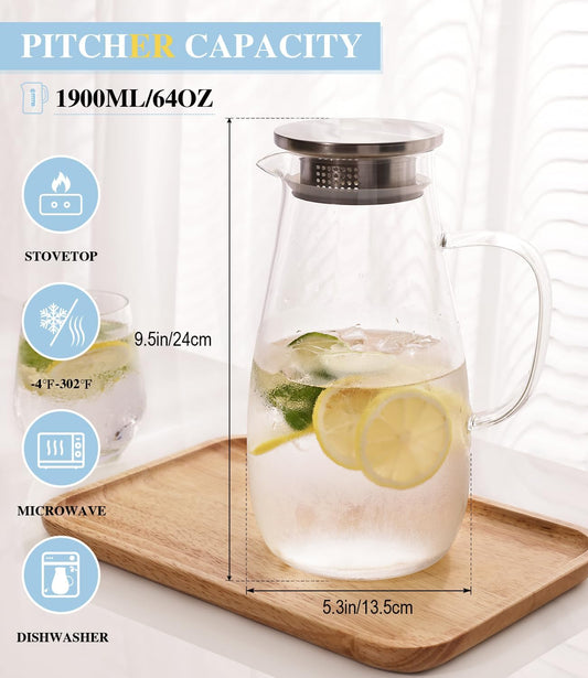 Borosilicate Glass Pitcher with Lid and Handle, 64oz for Hot Cold Beverages